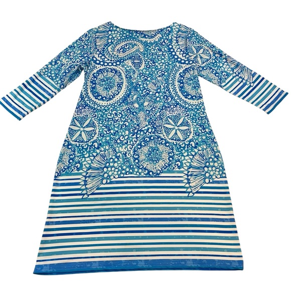 TANGO MANGO Smooth Stretch Shift Dress Size Large Blue White Floral 3/4 Sleeve - Picture 4 of 9